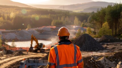 A man in work clothes and a helmet looks at work in a mine.