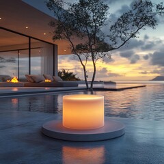 Modern Poolside Design with a Glowing Candle at Sunset
