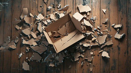 An artistic representation of a torn cardboard box, partially collapsed and scattered on a wooden surface, with shredded pieces creating a dynamic, chaotic composition