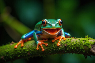 Colorful frog on mossy branch rainforest environment