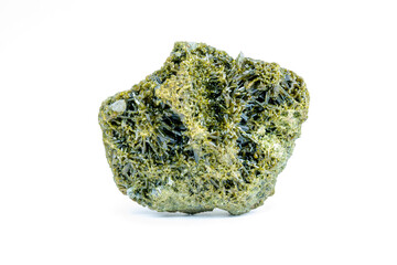 Green mineral specimen with crystalline formations on a white background