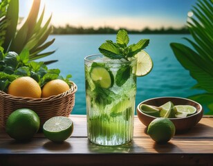 A refreshing cocktail with fresh mint and lime, on a wooden table by the water,