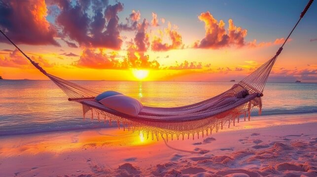 photograph of Relax enjoy the sunset in hammock on tropical beach vaction travel