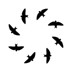 Silhouette of birds flying in a circle on a transparent background