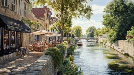Fototapeta premium Sunny canal-side cafe in charming European town.
