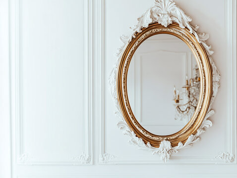 A decorative mirror with a unique frame, displayed against a white backdrop