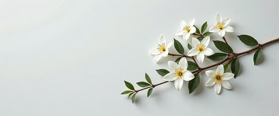Fototapeta premium A white flower with green leaves is on a white background. The flower is in full bloom and has a delicate appearance. Concept of beauty and tranquility, as the white flowers are a symbol of purity