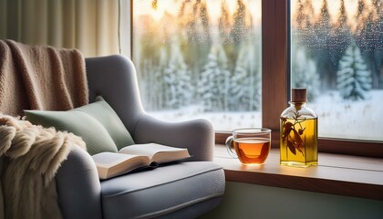 Obraz premium Frosted Calm: Embracing Self-Care with Tea and Journaling