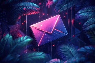 Neon Mailbox Symbol in Tropical Leaves with Glittering Lights
