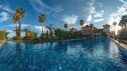 A luxurious poolside view of a grand villa surrounded by palm trees and a clear sky.