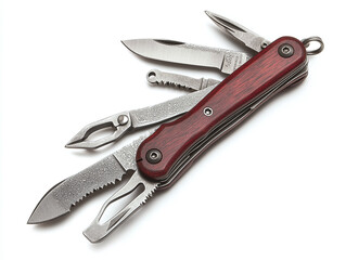 A detailed pocket knife with multiple tools, isolated on white
