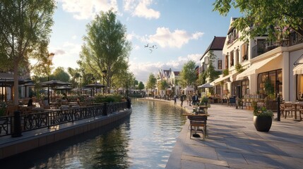 Naklejka premium Idyllic canal-side street with shops, restaurants, and pedestrians enjoying a sunny day.