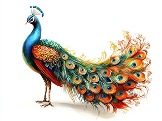 Obraz premium Vibrant peacock with an ornate tail isolated on white background