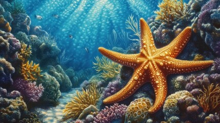 Orange starfish on vibrant coral reef underwater.
