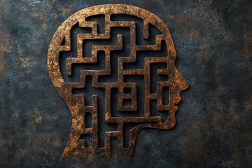 Abstract representation of a maze forming a human head silhouette in bronze.