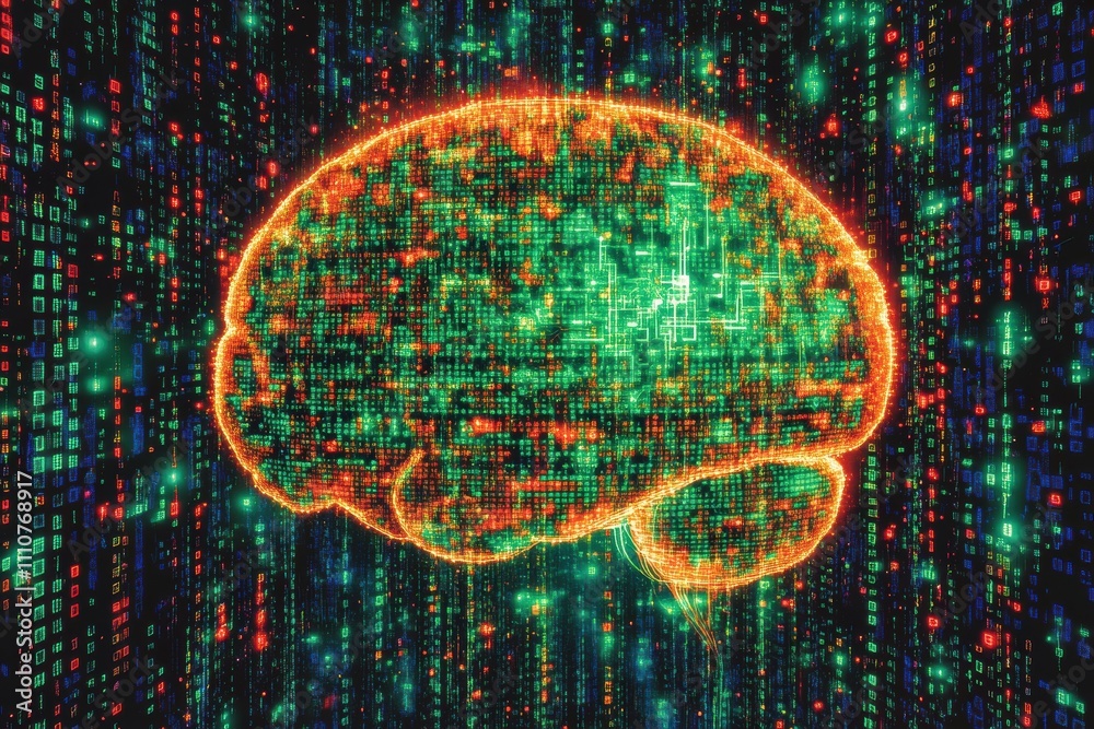 Poster futuristic brain with vibrant data streams and glowing patterns.
