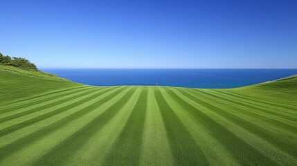 Obraz premium Lush Green Lawn with Striped Pattern Overlooking Calm Blue Ocean Under Clear Sky on a Sunny Day, Perfect for Nature and Landscape Photography
