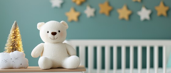 Christmas nursery festive Themed, A cozy nursery scene featuring a soft teddy bear, decorative stars, and a festive tree, creating a warm atmosphere for a child's room.