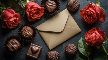 Romantic Valentine's Day Surprise: A heartfelt arrangement of rich dark chocolates and vibrant red roses surrounding a kraft envelope, perfect for conveying love and affection. 