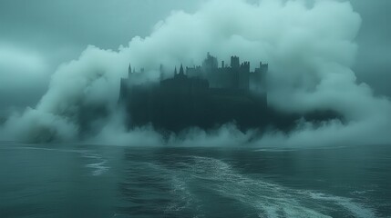 Fototapeta premium A mysterious castle shrouded in fog, rising from calm waters under a moody sky.