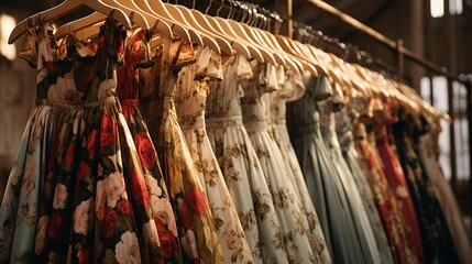 A photo of a rack of vintage-inspired floral dresses.