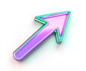 3D neon arrow pointing diagonally upward, vibrant purple and green.