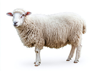 A fluffy white sheep with a thick fleece isolated on white background
