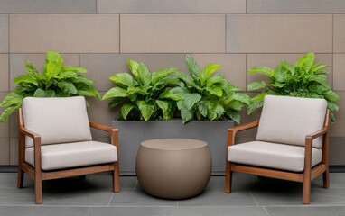 A modern seating area featuring two cozy chairs and a round table, surrounded by lush greenery.