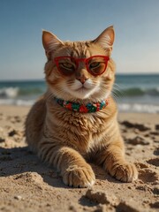 Cat with sunglasses chilling on the beach. Holiday mood. Vacation. relax. Sand and sea. Travel. Generative AI.