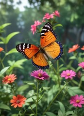 Fototapeta premium A butterfly perched on a colorful flower stem with green leaves and stems in the background, colorful, stem