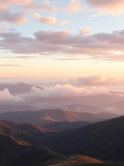 Obraz premium soft pastel colors of cloudy skies above rolling hills and mountain ridges, gentle atmosphere, soothing colors, natural scenery