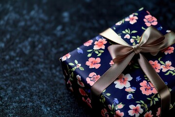 A beautifully wrapped gift box with a floral pattern and a shiny ribbon, set against a dark background.