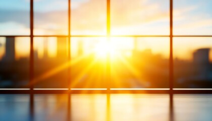 Fototapeta premium A vibrant sunrise illuminates a city skyline through large windows, creating a warm, inviting atmosphere.