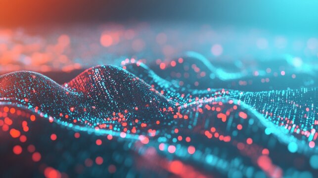 Abstract landscape with glowing particles and waves of light in vibrant colors.