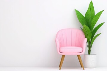 A stylish pink chair beside a green plant creates a modern and inviting interior decor setting against a clean white wall.