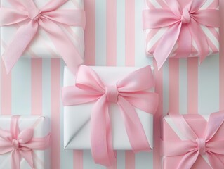 A collection of beautifully wrapped gifts in white and pink ribbons, arranged against a soft striped background.