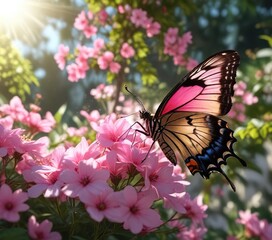 Naklejka premium A colorful butterfly sipping nectar from pink flower petals in a sun-drenched garden, outdoor, floral, pink flowers