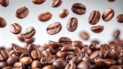 Serene Levitating Coffee Beans on White Background Capturing the Essence of Freshness and Aroma for Coffee Lovers and Enthusiasts in a Minimalistic Style