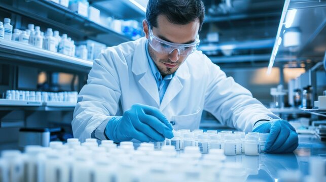 A pharmaceutical scientist in a lab coat working on drug formulation in a pharmaceutical laboratory