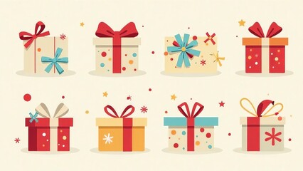Set of colorful icons of present box with ribbons, beige background