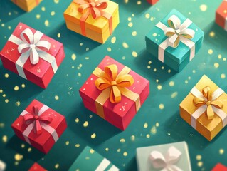 Obraz premium Colorful gift boxes with ribbons scattered on a festive background, perfect for celebrations.