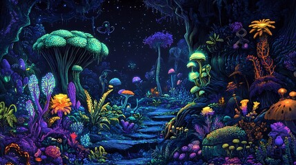 A lush, alien jungle with bioluminescent plants and strange, fantastical creatures