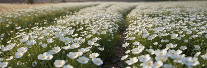 A field of white flowers stretching as far as the eye can see with a soft blanket of color and dew, natural scenery, vibrant colors, rolling hills