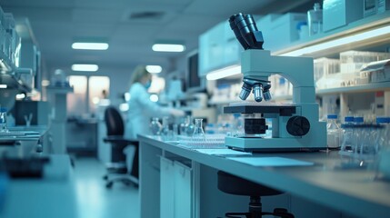 A scientific laboratory setting where researchers are examining cancer cells on slides, with various equipment in the background