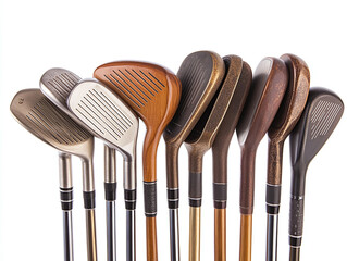 A set of golf clubs arranged neatly, isolated on a white background isolated on white background