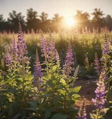 Obraz premium A field of Clary Sage plants growing in the sun with a warm glow effect , golden hour, fields, crops