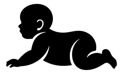 ハイハイをしている赤ちゃんの黒いシルエットイラスト　透過背景の切り抜き