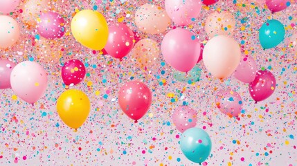 Colorful balloons and confetti create a festive celebration atmosphere.