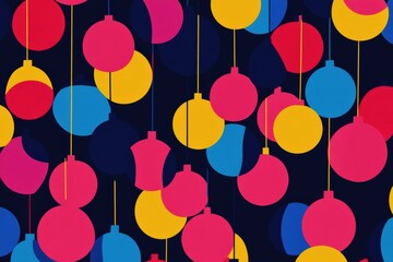 Colorful abstract ornaments hanging a dark background, perfect for festive designs.