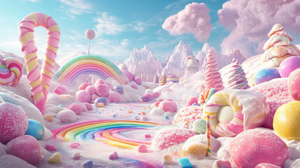 A vibrant and whimsical render of a sugary candy land landscape, candy, sweets, rainbow, fantasy, colors, dessert, sugar.